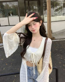 IFOMT 2024 Summer New Lace Oversized Cardigan Y2k E-Girl V-neck  Up All-match Shirts Mujer Mid-length Long Sleeve Tops Women