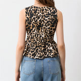 IFOMT Fashion Leopard Print Tie Front Vest for Women Y2k Cheetah Print Peplum Tank Top Ruffle Hem Sleeveless Going Out Wear