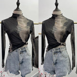 IFOMT Women Wavy Edge Half-High Collar Mesh Blended Long Sleeve Top Thin Inner Bottoming Layering Shirt Y2k Essential Streetwear8921