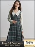 Ifomt Korean Style Fake Two-piece Dress for Women Lapel Yarn-dyed Plaid Twill Dress Female Winter New