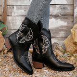 IFOMT  Black Embroidery Western Cowboy Boots Women Plus Size Thick Heels Ankle Boots Woman Pointed Toe Slip On Short Booties