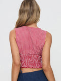 IFOMT Women Red Gingham Tank Tops Sleeveless V Neck Shirred Peplum Crop Tops Y2k Vintage Plaid Bow Tie Cropped Cami Tops