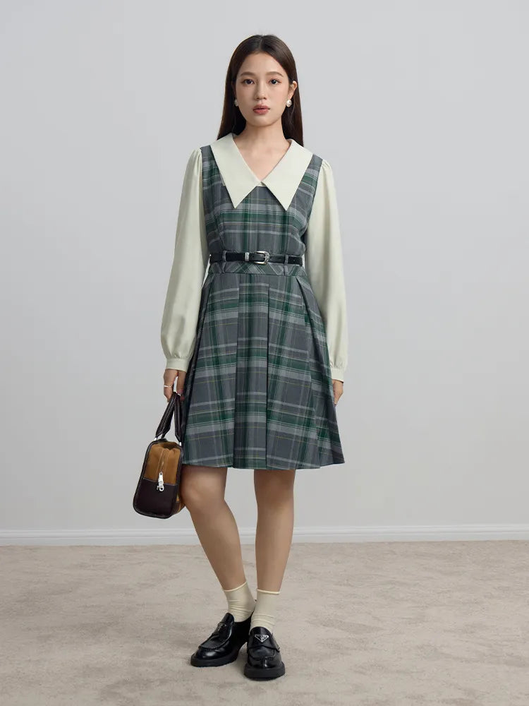 Ifomt Korean Style Fake Two-piece Dress for Women Lapel Yarn-dyed Plaid Twill Dress Female Winter New