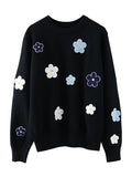 IFOMT Floral Embroidery Round Neck Knitted Pullover