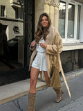 IFOMT Winter New Warm Plush Lambwool Patchwork Leather Jacket Women Lapel Long Sleeves Pocket Belt Coats Fashion Lady Street Outwears