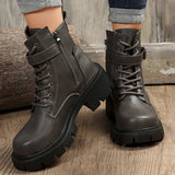 IFOMT  Belt Buckle Platform Combat Boots Women Chunky Heels Lace Up Ankle Boots Woman Side Zipper PU Leather Short Booties Plus Size 43