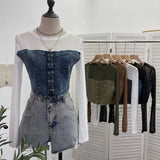 IFOMT Retro Raw Edge Denim Lace Up Pacthwork Mesh Long Sleeve Shirt Women Sexy See Through Top Y2k Shirt Holiday Club Streetwear 2638