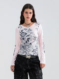 IFOMT Y2K Grunge T Shirt Women Aesthetics Graphic Tops Long Sleeve 2000s Vintage Harajuku Emo Tees Grunge Clothes Streetwear