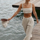 IFOMT Wide Leg Pants Sets For Women 2023 Sleeveless Backless Crop Tops Ladies Loose Casual Trouser Suirt Womens Outfits Summer