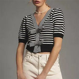 IFOMT Women's Striped Knitted Tops Y2K Short Puff Sleeve V Neck Bow Front Crop Sweater Shirt Casual Slim Blouses Streetwear