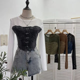 IFOMT Retro Raw Edge Denim Lace Up Pacthwork Mesh Long Sleeve Shirt Women Sexy See Through Top Y2k Shirt Holiday Club Streetwear 2638