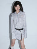 Ifomt Blue Gray Stripe Shirt Dress Sexy Lapel Long Sleeve Irregular Skirt for Women Fashion Slim Fit Office Lady Mini Dresses