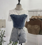 IFOMT Women Street Raw Edge Denim Spliced Tie-Dye Mesh Short T-Shirt Chic Sexy See Throgh Top Y2K Top Casual Holiday Club Streetwear