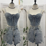 IFOMT Women  Women Sexy Chic Denim Crop Top Lace Up With Padded Adjustable Shoulder Straps Bow Short BandeauTop Summer Y2K Club Wear