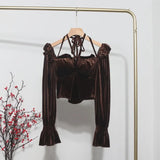 IFOMT Women's Vintage Velvet One Shoulder Halterneck Long Sleeve Shirt Slim Fit Short Hollow Out Lace Up Top Casual Club Streetwear