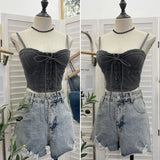 IFOMT Women  Women Sexy Chic Denim Crop Top Lace Up With Padded Adjustable Shoulder Straps Bow Short BandeauTop Summer Y2K Club Wear