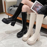 IFOMT  Chunky Heel Platform Long Boots for Women Black Patent Leather Knee High Boots Woman Winter Thick High Heels Punk Shoes