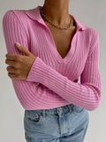 IFOMT Elegant Lapel Knitted Pollovers For Women Slim Striped Solid Color Polo Sweater Long Sleeve Female 2024 Autumn Fashion