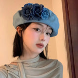 IFOMT Cowboy Camellia Belle Hat for Women's Versatile Face Showcasing Little Bud Painter Hat Japanese Big Headband Blue Cap