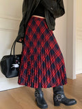 Ifomt Preppy Style Red Women Plaid Skirts Teen Girls Vintage Autumn Winter High Waisted A-Line Pleated Mid Long Skirt