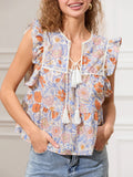 IFOMT Women y2k Vintage Ruffles Sleeve Shirts Floral Print/Stripe Tassel Tie-Up Fashion Blouses Summer Casual Tops