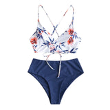 IFOMT 2024 Summer Womens 2 Piece Swimsuits Floral Printed Spaghetti Strap Swim Top High Waisted Bikinis Sets Female Beach Bathing Suit