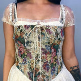 IFOMT Women Y2k Vintage Floral Print Vest Sexy Bodycon Boat Neck Jacquard Camisole Flounce Irregular Suspender Corset Tops