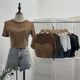 IFOMT Women Street Raw Edge Denim Spliced Tie-Dye Mesh Short T-Shirt Chic Sexy See Throgh Top Y2K Top Casual Holiday Club Streetwear