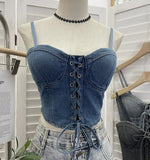 IFOMT Women  Women Sexy Chic Denim Crop Top Lace Up With Padded Adjustable Shoulder Straps Bow Short BandeauTop Summer Y2K Club Wear