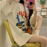 IFOMT Oversized Cartoon Printed T-shirt Women 2024 Spring Summer Mid-length Tee Shirt Y2k Harajuku Half Sleeve Loose Female Tops