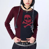 IFOMT Y2K Long Sleeve Shirt Gothic Skull Graphic Print Crop Top Harajuku Striped Patchwork T-Shirt Top Fairy Grunge Clothes