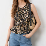 IFOMT Fashion Leopard Print Tie Front Vest for Women Y2k Cheetah Print Peplum Tank Top Ruffle Hem Sleeveless Going Out Wear