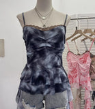 IFOMT Women Elegant Sexy Mesh Print Camisole Irregular Ruffled Ribbon Patchwork Lace Sleeveless Y2K Top Casual Club Streetwear 9968