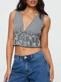 IFOMT Women Red Gingham Tank Tops Sleeveless V Neck Shirred Peplum Crop Tops Y2k Vintage Plaid Bow Tie Cropped Cami Tops