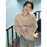 IFOMT Korean Chic Sequin Tassel Sweaters Mujer 2024 Autumn New O-neck Plush Knitted Pullover Y2k E-Girl Long Sleeve Tops Women