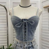 IFOMT Women  Women Sexy Chic Denim Crop Top Lace Up With Padded Adjustable Shoulder Straps Bow Short BandeauTop Summer Y2K Club Wear