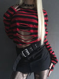 IFOMT Women Goth Punk Long Sleeve Crewneck Striped T Shirt Y2k Grunge Cutout Crop Tops Halloween Christmas Pullover Top