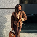 IFOMT Vintage Elegant Irregular Hem Plush Lapel Coats Lace Up Brown Patchwork Coats Women Pockets Loose Jacket With Belt 2024 Outwear