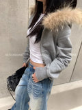 IFOMT American Style Long Sleeve Gray Sweatshirts Detachable Fur Collar Hooded Cardigan 2024 Autumn New Sweater Jacket for Women