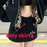 IFOMT Vintage Fashion Fake Two Piece Leopard Print Hooded Jackets+ Y2k High Waist Bodycon Skirts 2024 Autumn New Black Sets