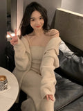 IFOMT Winter Warm Solid Three-piece Suit Women Long Knitted Cardigan + Camisole + Wide Leg Pants Elegant Korean Chic Loose Outwear