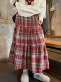Ifomt Red Plaid Mid Long Skirt Women Maxi Skirt 2023 Goth Lolita High Waisted Ladies Vintage Ruffle Pleated Skirts rok