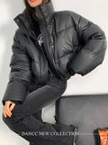 Ifomt American Biker Women Pu Puffy Coat Winter Retro Cropped Parkas Casual Thick Warm Lady Long Sleeve Loose Cotton Down Coats