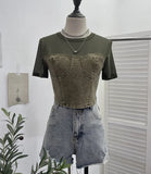 IFOMT Women Street Raw Edge Denim Spliced Tie-Dye Mesh Short T-Shirt Chic Sexy See Throgh Top Y2K Top Casual Holiday Club Streetwear