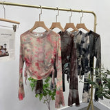 IFOMT Women's Sexy See Through Tie Dye Print Mesh Long Sleeve T-shirt Drawstring Lace Up Short Bell Sleeve Top Casual Streetwear 8929