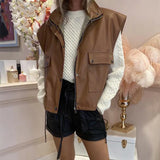 IFOMT PU Leather Vest Waistcoat Women Autumn Sleeveless Zipper Black Motorcycle Jacket 2022 Hot High Street Y2K Tops Vests