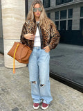IFOMT Women Fashion Leopard Print Bomber Jacket Casual Loose Long Sleeve Zipper Cropped Coat 2024 Autumn Lady High Street Outerwear