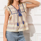IFOMT Women y2k Vintage Ruffles Sleeve Shirts Floral Print/Stripe Tassel Tie-Up Fashion Blouses Summer Casual Tops