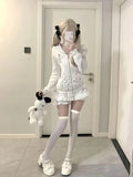 IFOMT Sweet Cute Rabbit Ear Hooded Lace Long Sleve Sweatshirts Jacket+ Y2k High Waist White Cake Skirts Fashion New Two Piece Sets