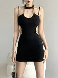 IFOMT Spring Outfit Summer Black Hollowed Out Elegant Chain Sexy Halter Mini Dress For Women Off-shoulder Backless Bodycon Club Party Wrap Hip Dress